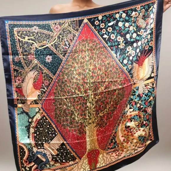 Boho Style Satin Square Scarf for Women - Elegant Chic Shawl with Tree of Life - Picture 2 of 10